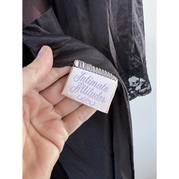 Vintage XL Gothic Black Sheer Silky Nylon Dressing Robe Lace Trim Kimono Sleeves - Picture 5 of 10